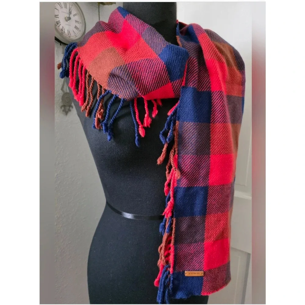 Coach Red Blue Buffalo Plaid Scarf OS Wool Cashmere Blend Leather Logo Fringe